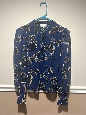 Evereve Navy Floral Long-Sleeve Button Blouse